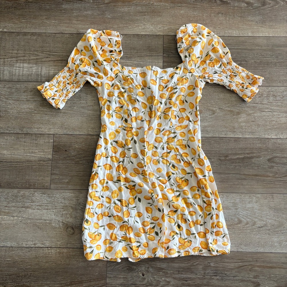 Mi Ami Mini Dress Women Size S White Lemon Print‎ Puff Sleeve Linen Rayon Amaria - Picture 8 of 8